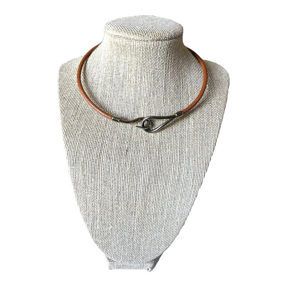 HERMES "Jumbo" Brown Leather Silver Hook Necklace/Bracelet #1133